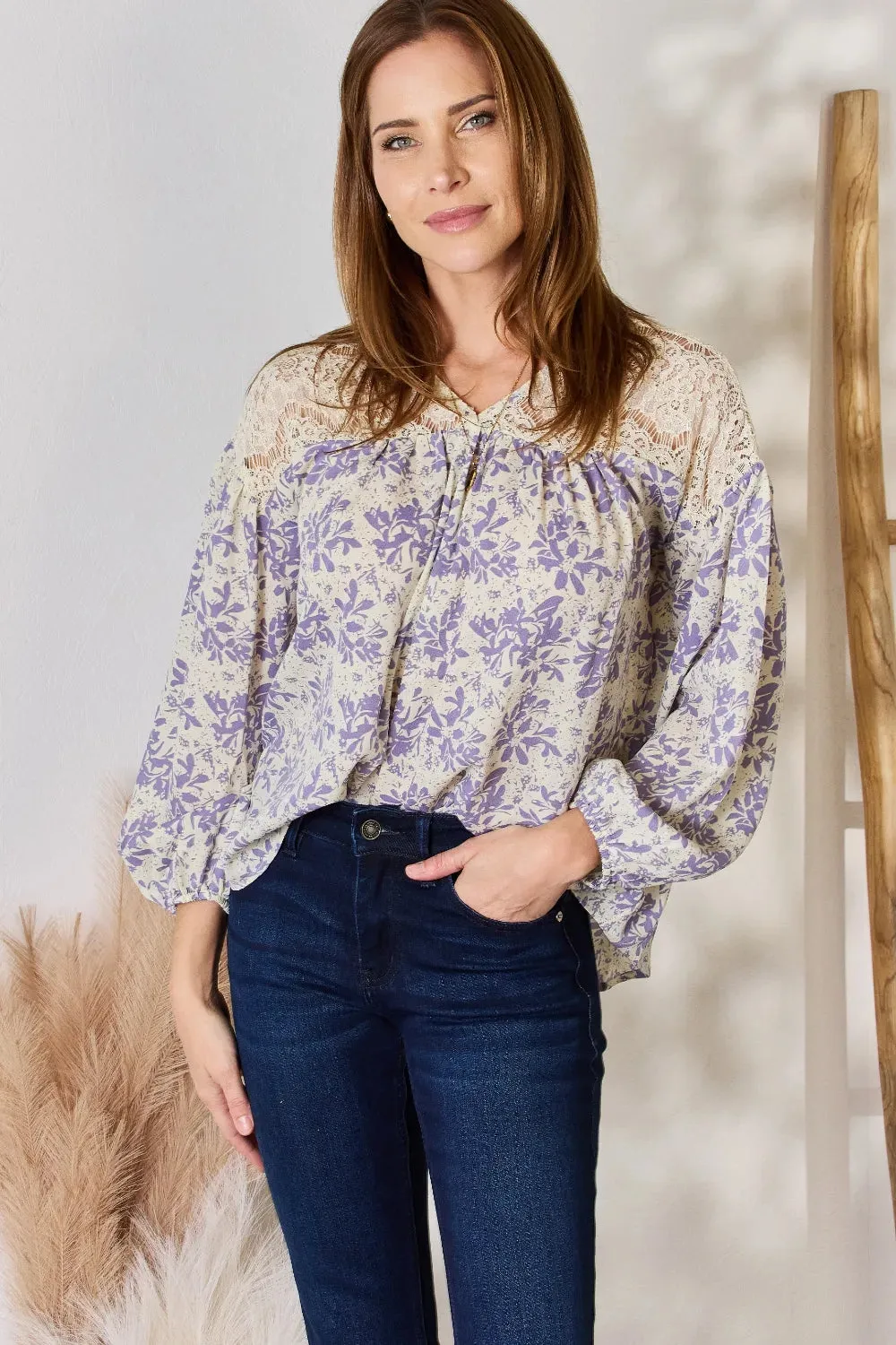 Hailey & Co Full Size Lace Detail Printed Blouse sold by Gigi Laurent