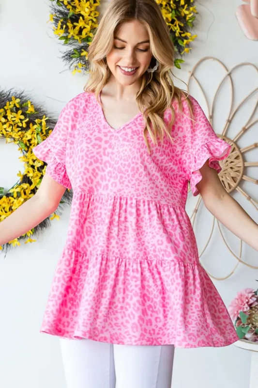 Heimish Full Size Leopard Ruffle Trim Short Sleeve Top sold by Gigi Laurent