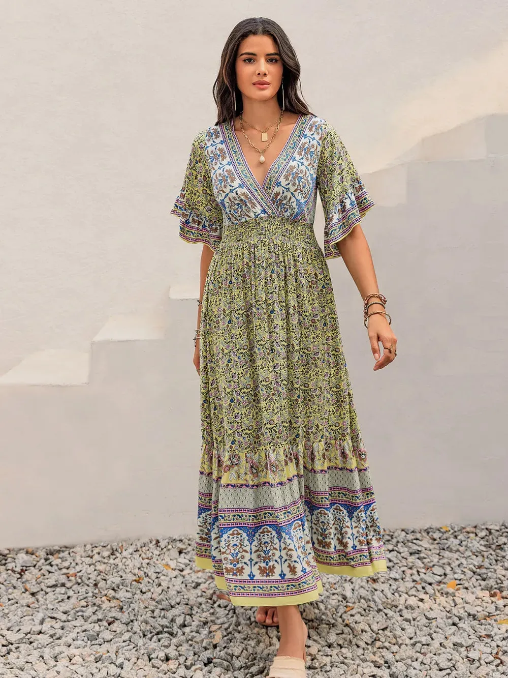 Ruched Printed Flounce Sleeve Maxi Dress sold by Gigi Laurent product image thumbnail 2