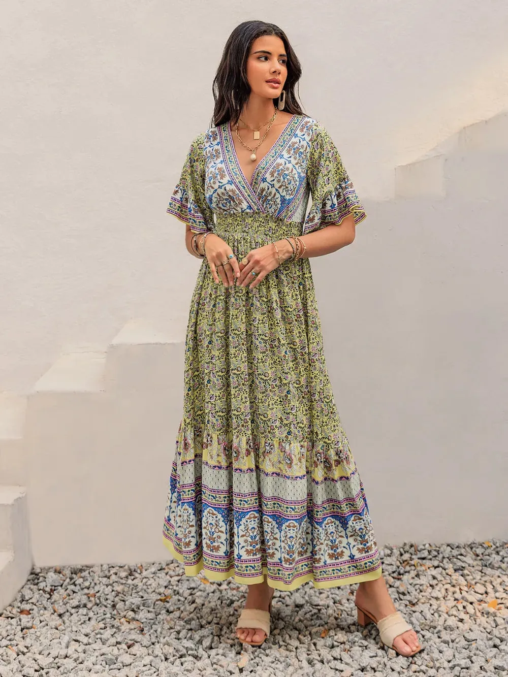 Ruched Printed Flounce Sleeve Maxi Dress sold by Gigi Laurent product image thumbnail 5