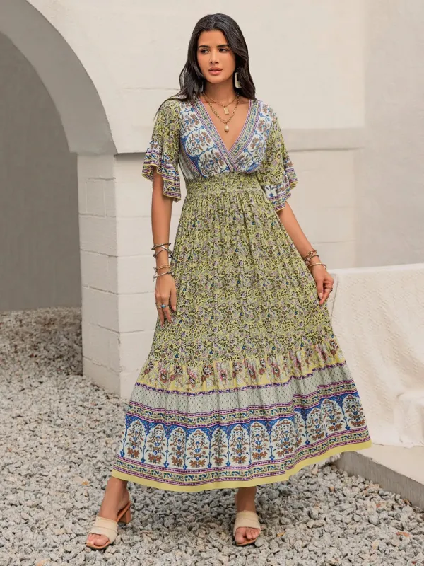 Ruched Printed Flounce Sleeve Maxi Dress sold by Gigi Laurent