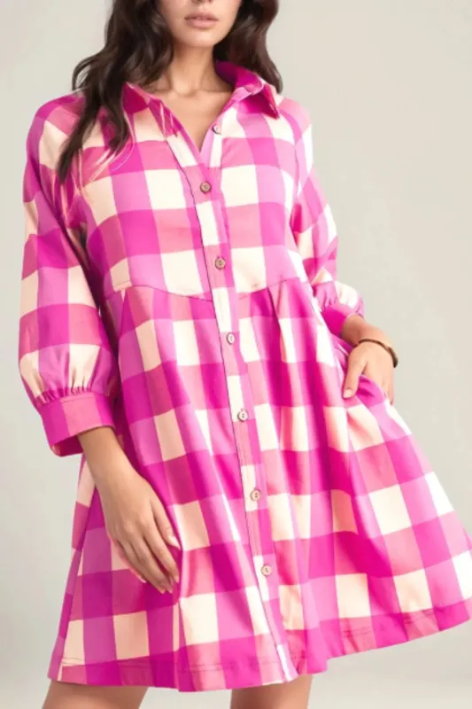 Ruched Plaid Three-Quarter Sleeve Shirt Dress sold by Gigi Laurent