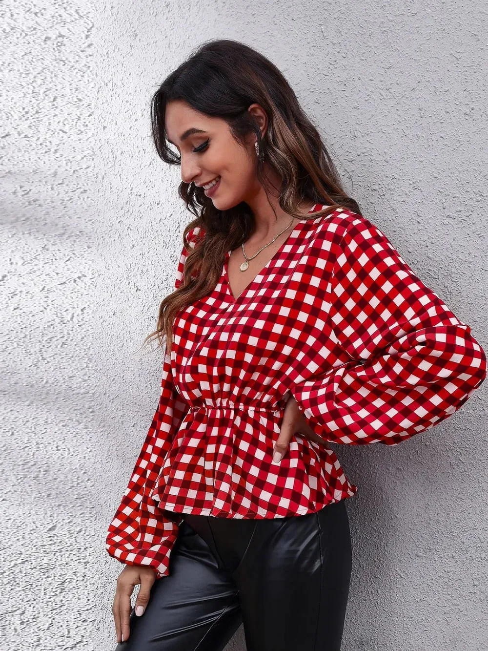 Plaid V-Neck Balloon Sleeve Peplum Blouse sold by Gigi Laurent product image thumbnail 3