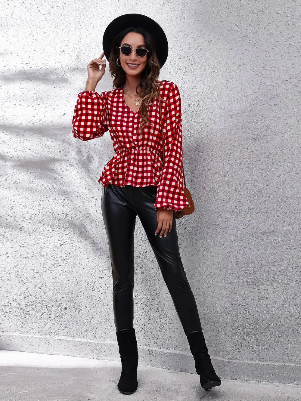 Plaid V-Neck Balloon Sleeve Peplum Blouse sold by Gigi Laurent product image thumbnail 5