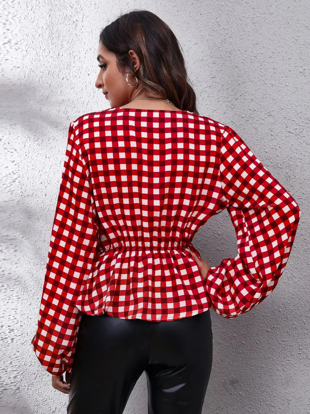 Plaid V-Neck Balloon Sleeve Peplum Blouse sold by Gigi Laurent product image thumbnail 2