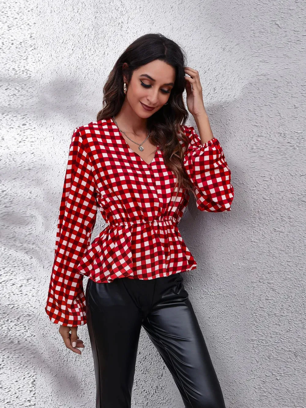 Plaid V-Neck Balloon Sleeve Peplum Blouse sold by Gigi Laurent product image thumbnail 4