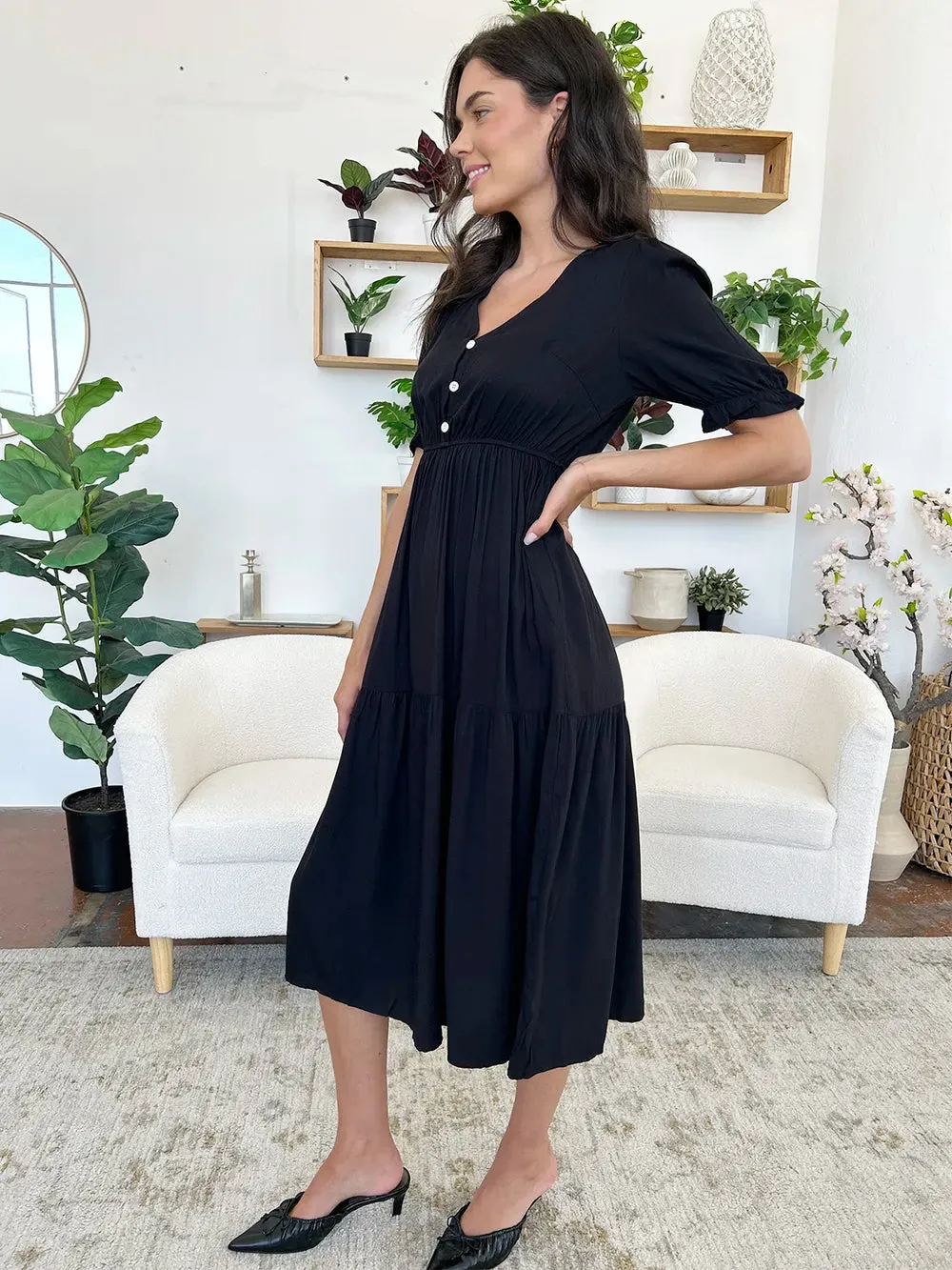 Perfee Ruched V-Neck Half Sleeve Midi Dress sold by Gigi Laurent product image thumbnail 5