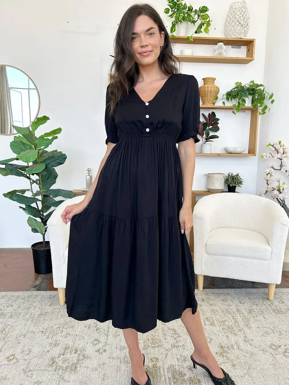 Perfee Ruched V-Neck Half Sleeve Midi Dress sold by Gigi Laurent