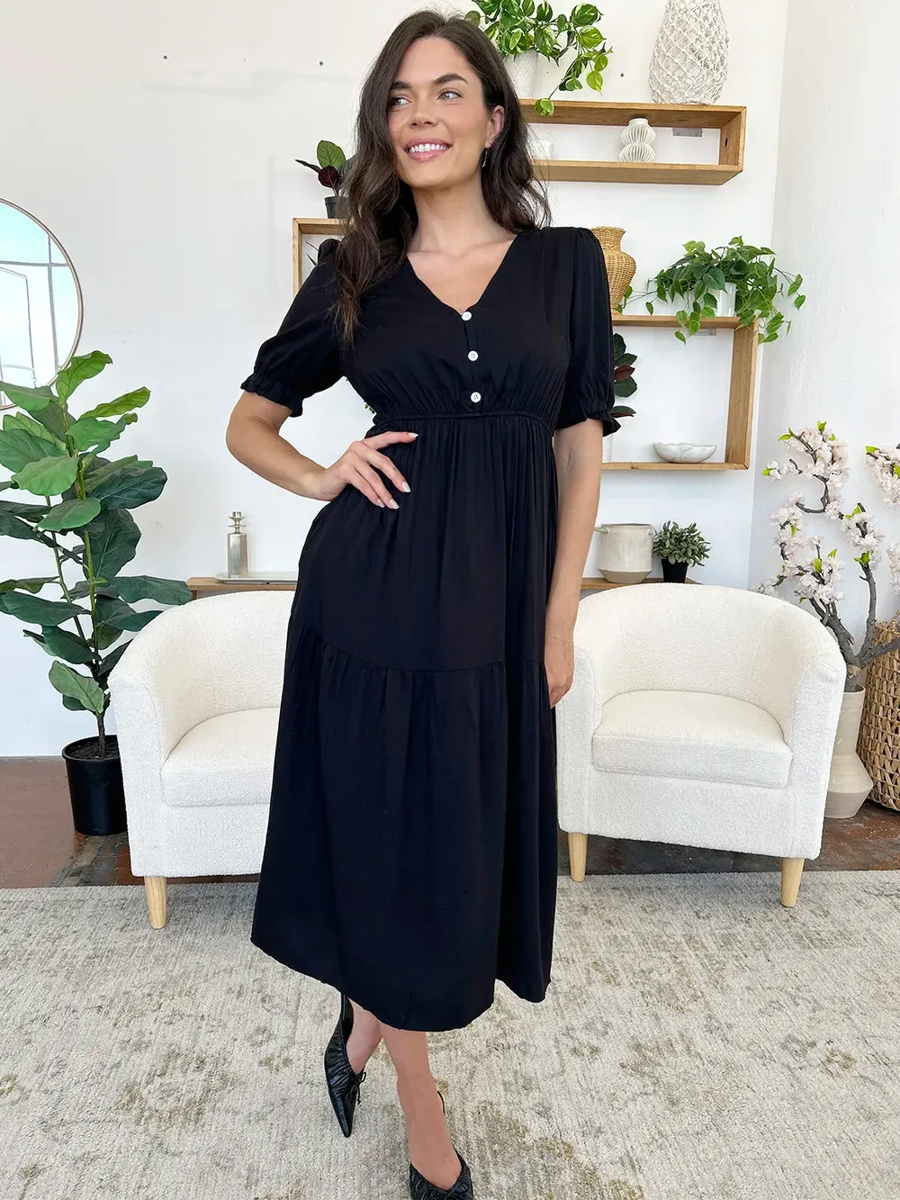 Perfee Ruched V-Neck Half Sleeve Midi Dress sold by Gigi Laurent product image thumbnail 3