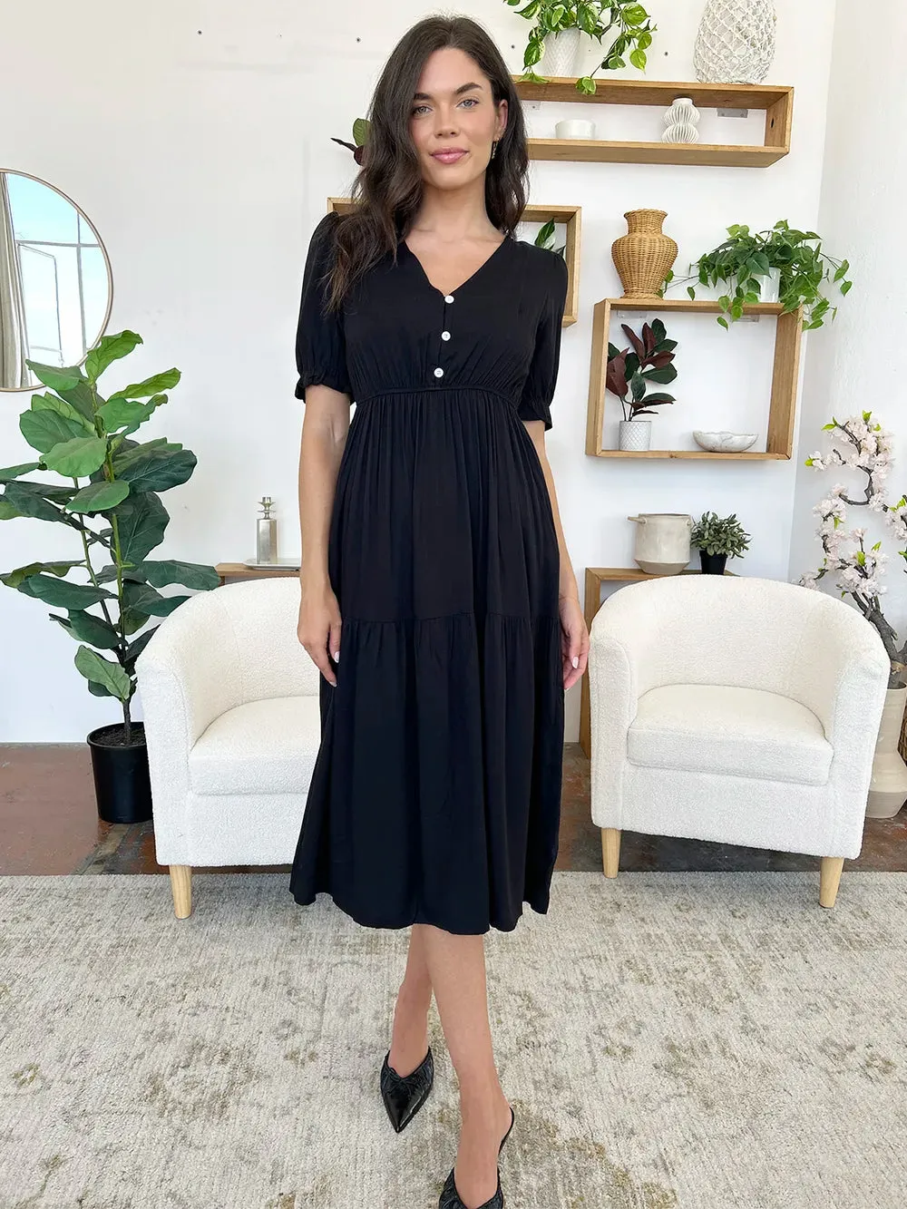 Perfee Ruched V-Neck Half Sleeve Midi Dress sold by Gigi Laurent product image thumbnail 4