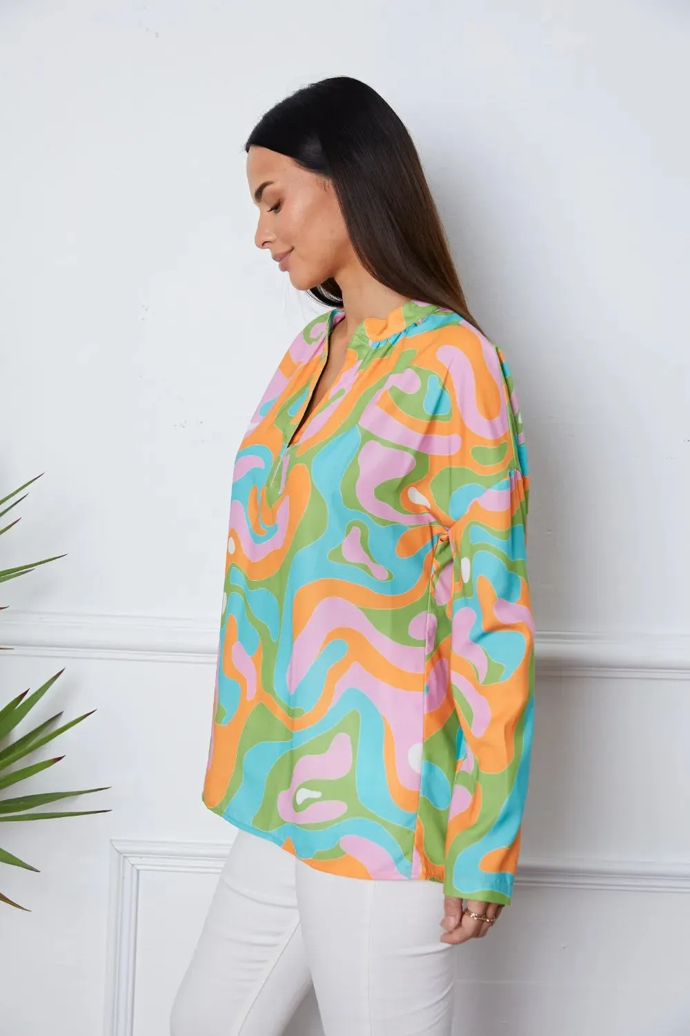 Printed Notched Long Sleeve Blouse sold by Gigi Laurent product image thumbnail 3