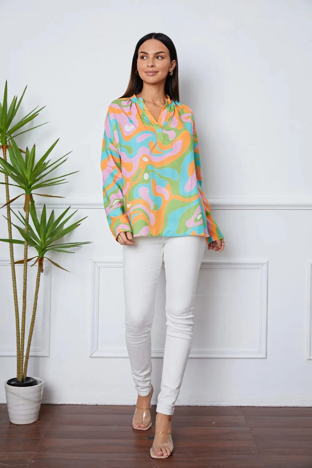 Printed Notched Long Sleeve Blouse sold by Gigi Laurent product image thumbnail 5