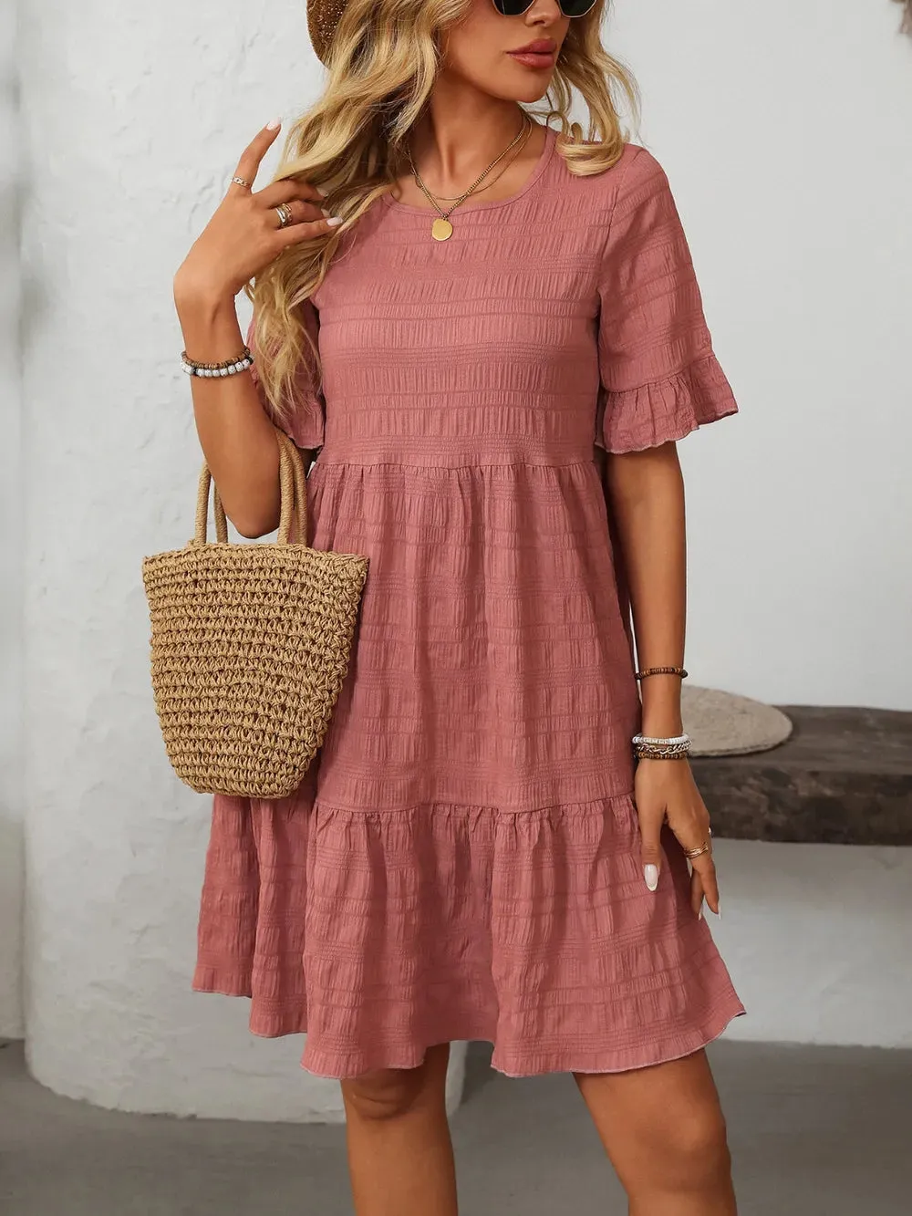 Mandy Ruffled Ruched Round Neck Half Sleeve Dress sold by Gigi Laurent product image thumbnail 3