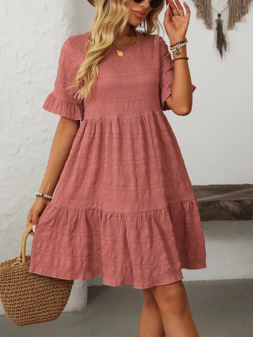 Mandy Ruffled Ruched Round Neck Half Sleeve Dress sold by Gigi Laurent