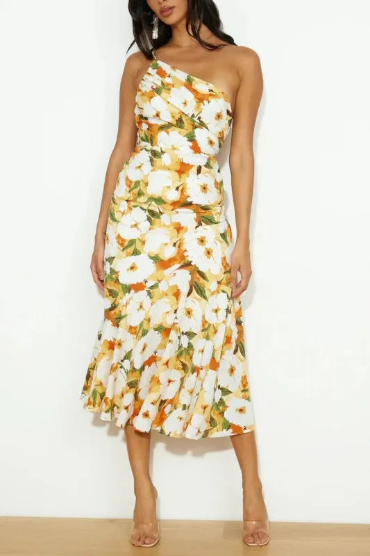 Ruched Printed Single Shoulder Midi Dress sold by Gigi Laurent