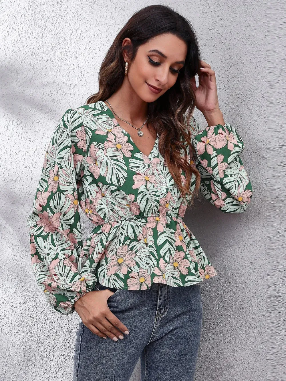 Floral V-Neck Balloon Sleeve Peplum Blouse sold by Gigi Laurent product image thumbnail 4