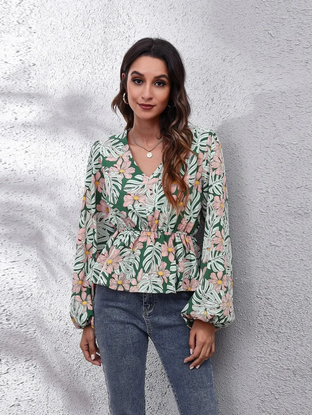 Floral V-Neck Balloon Sleeve Peplum Blouse sold by Gigi Laurent