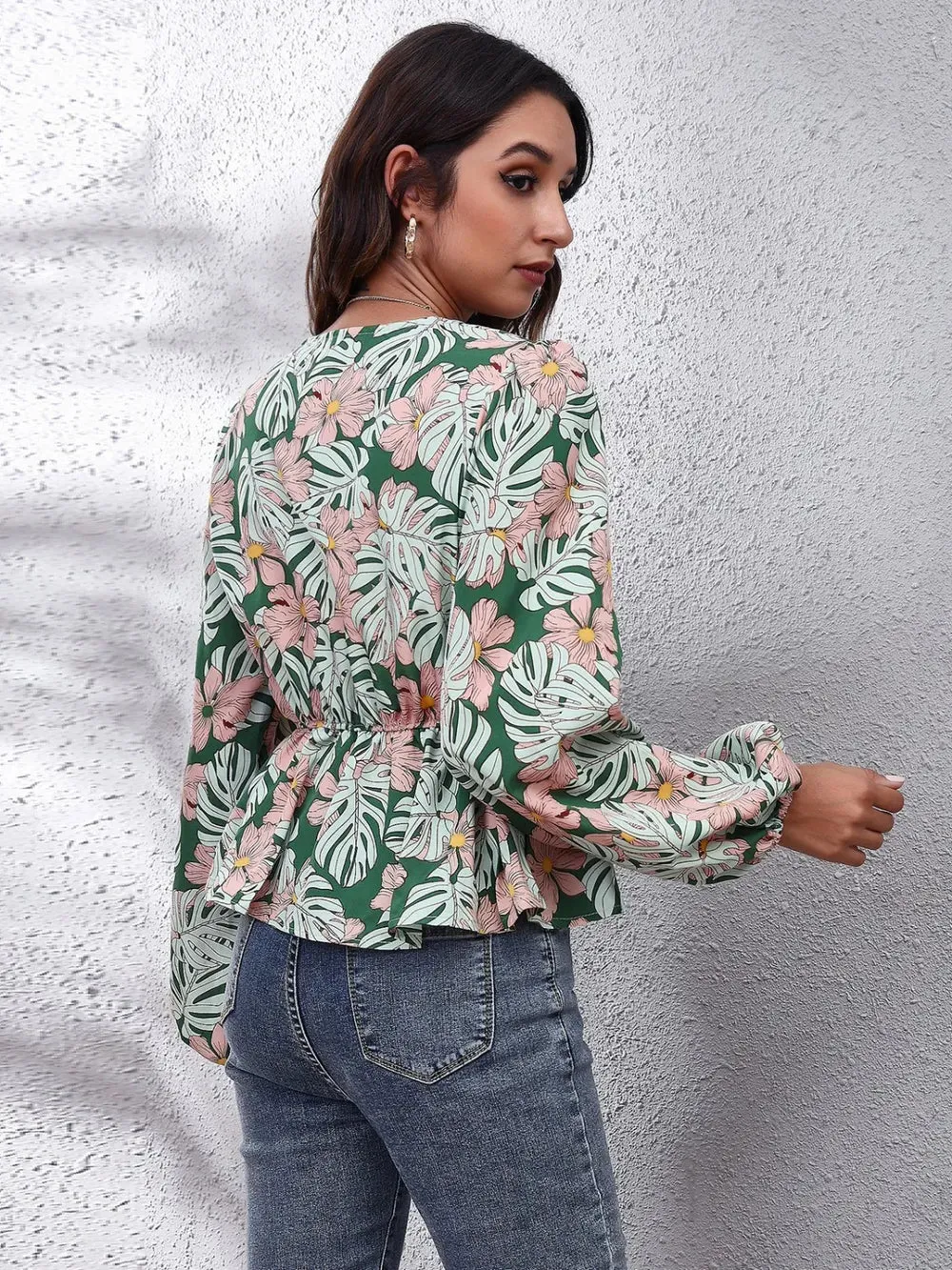 Floral V-Neck Balloon Sleeve Peplum Blouse sold by Gigi Laurent product image thumbnail 2