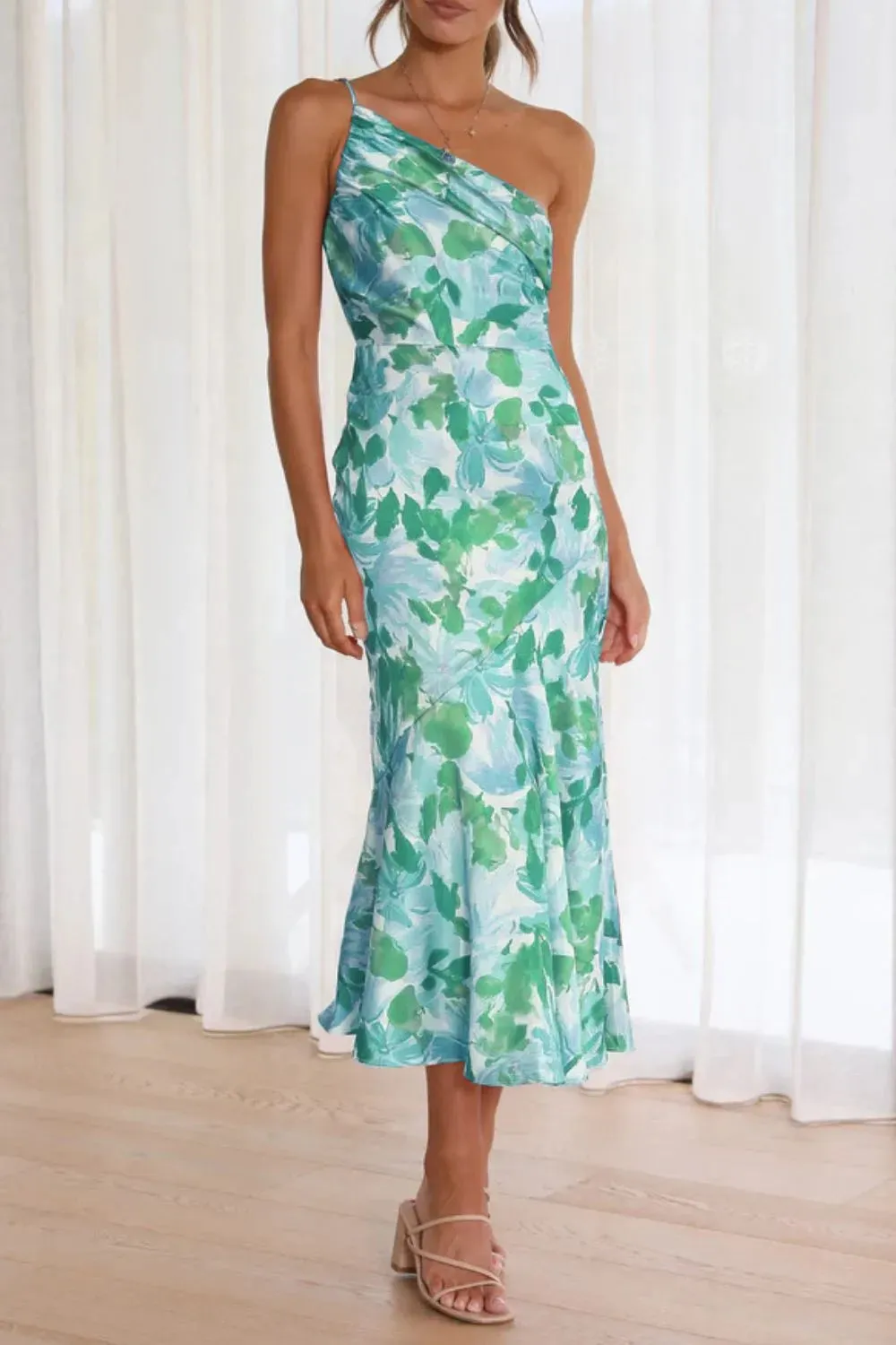 Ruched Printed Single Shoulder Midi Dress sold by Gigi Laurent