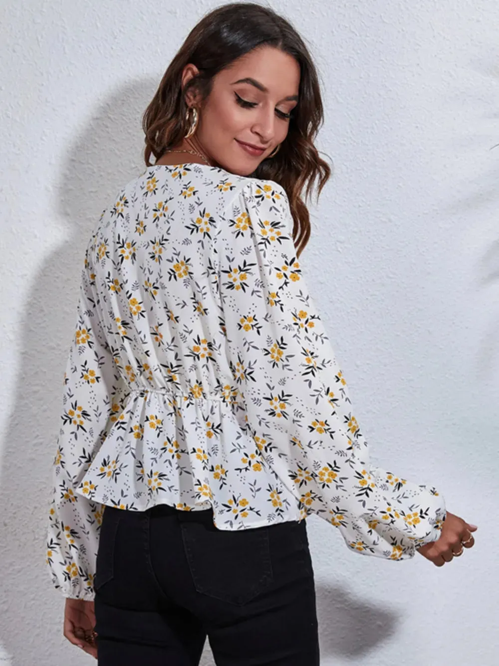 Floral V-Neck Balloon Sleeve Peplum Blouse sold by Gigi Laurent product image thumbnail 2