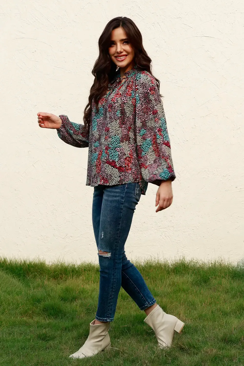 Tie Neck Heathered Balloon Sleeve Blouse sold by Gigi Laurent product image thumbnail 4