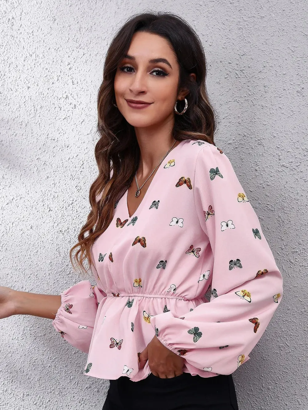 Butterfly V-Neck Balloon Sleeve Peplum Blouse sold by Gigi Laurent product image thumbnail 3