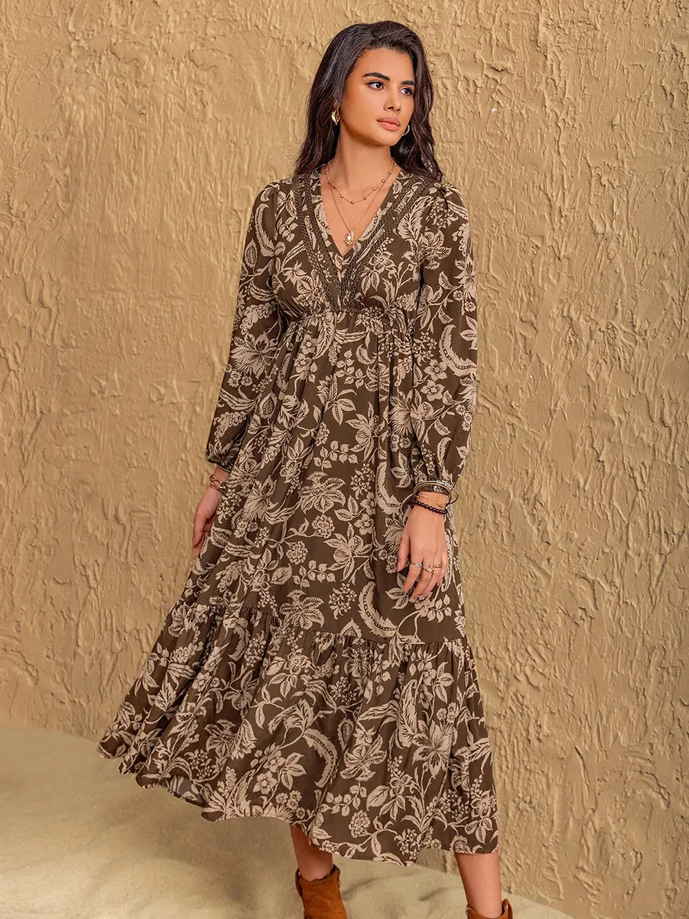 Ruched Printed V-Neck Long Sleeve Midi Dress sold by Gigi Laurent