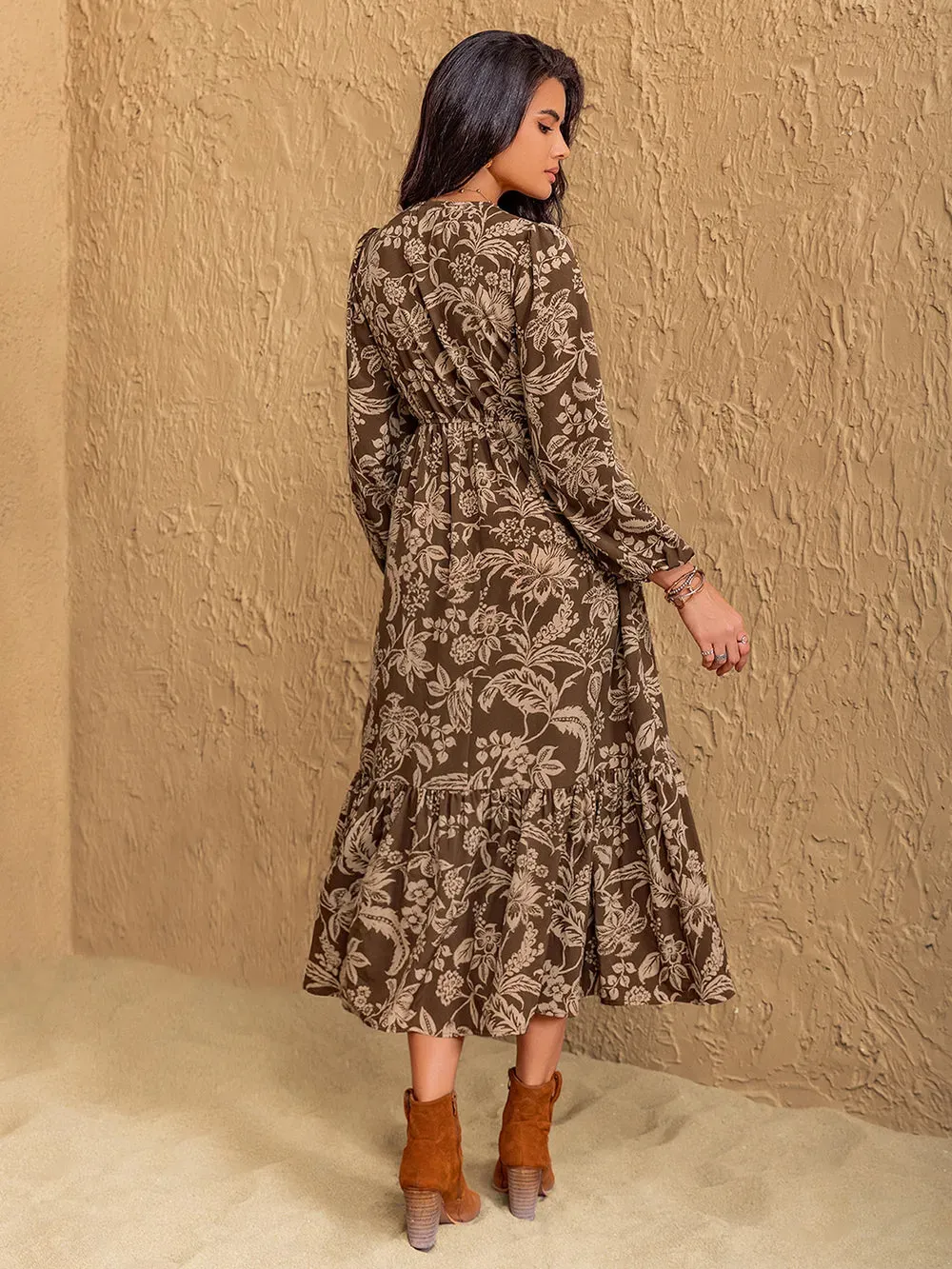 Ruched Printed V-Neck Long Sleeve Midi Dress sold by Gigi Laurent product image thumbnail 2