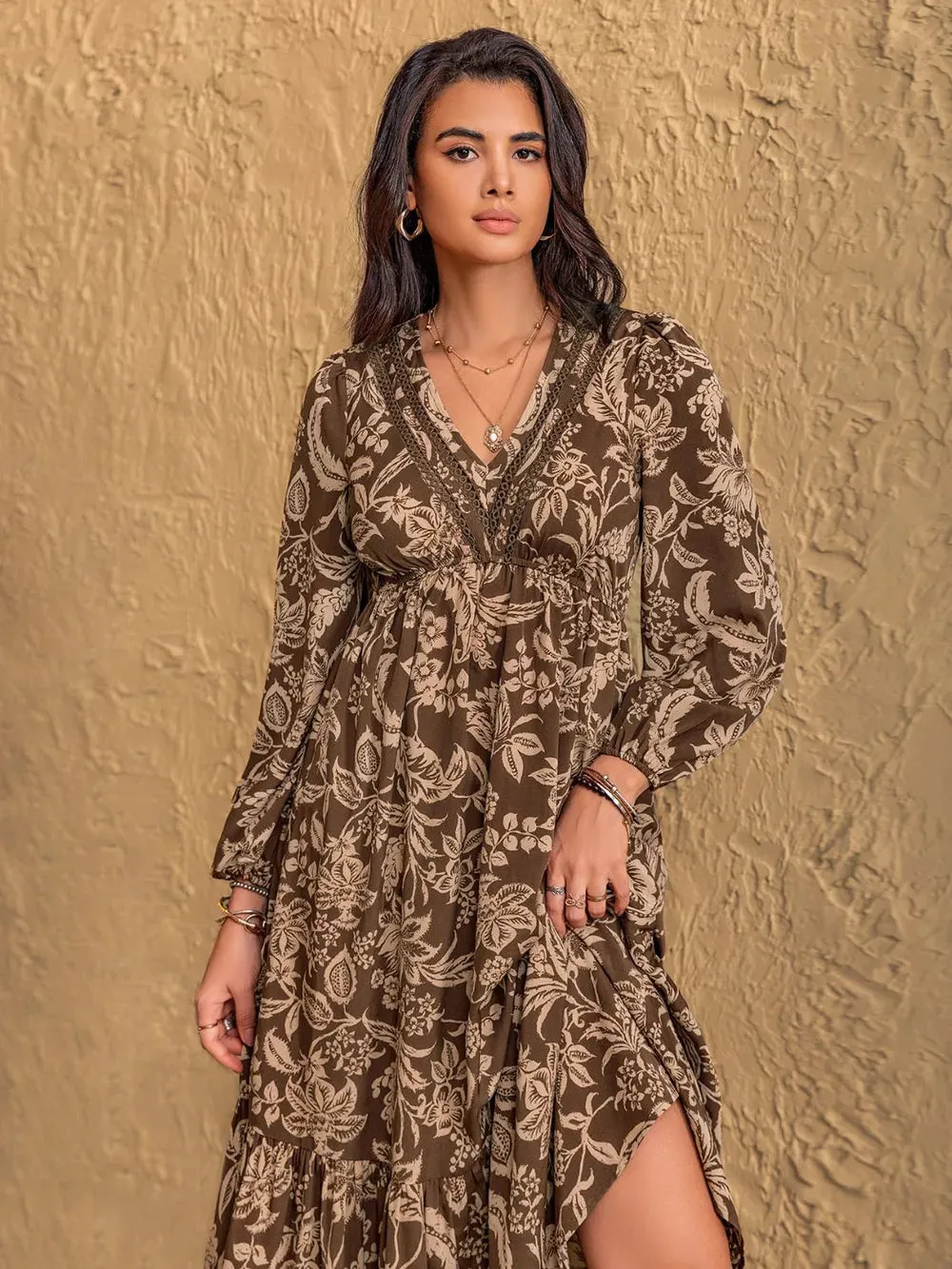 Ruched Printed V-Neck Long Sleeve Midi Dress sold by Gigi Laurent product image thumbnail 3