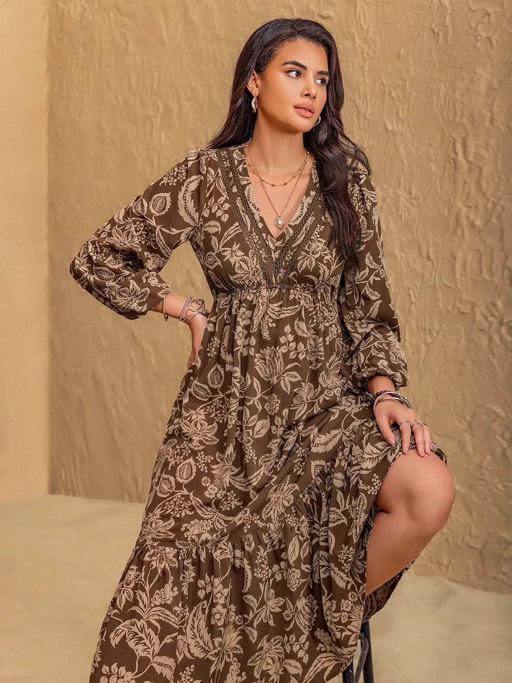 Ruched Printed V-Neck Long Sleeve Midi Dress sold by Gigi Laurent product image thumbnail 5