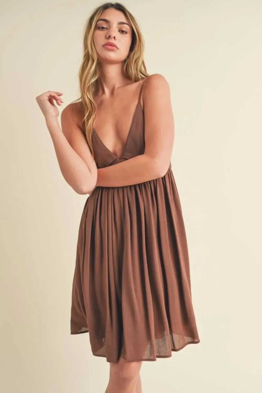 Aemi + Co Ruched Plunge Mini Cami Dress sold by Gigi Laurent