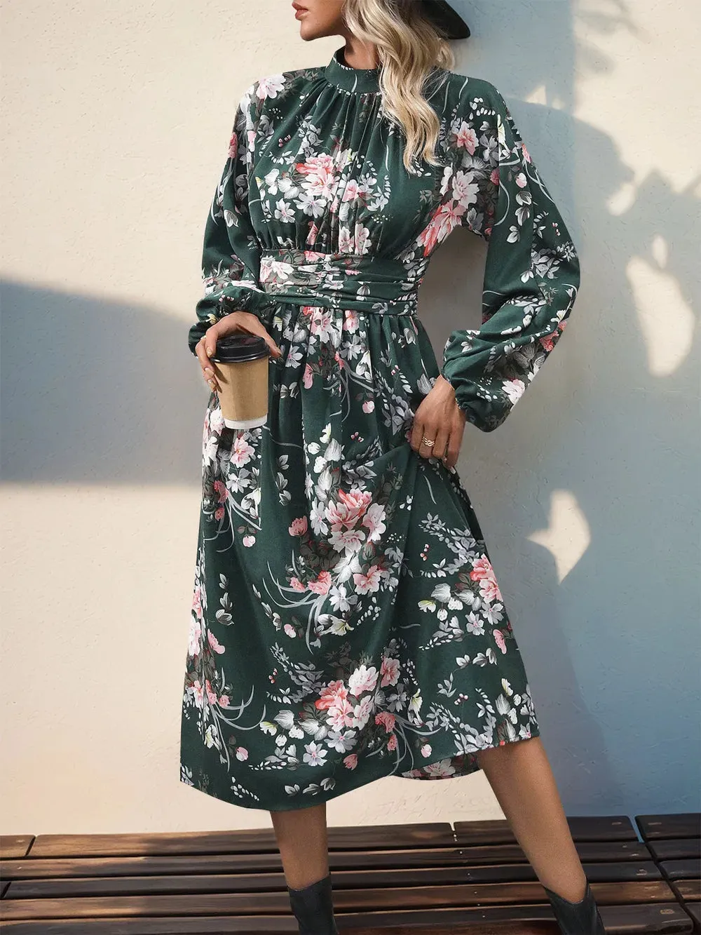 Perfee Ruched Printed Mock Neck Long Sleeve Midi Dress sold by Gigi Laurent product image thumbnail 3