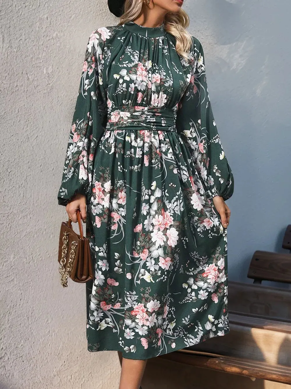 Perfee Ruched Printed Mock Neck Long Sleeve Midi Dress sold by Gigi Laurent product image thumbnail 4