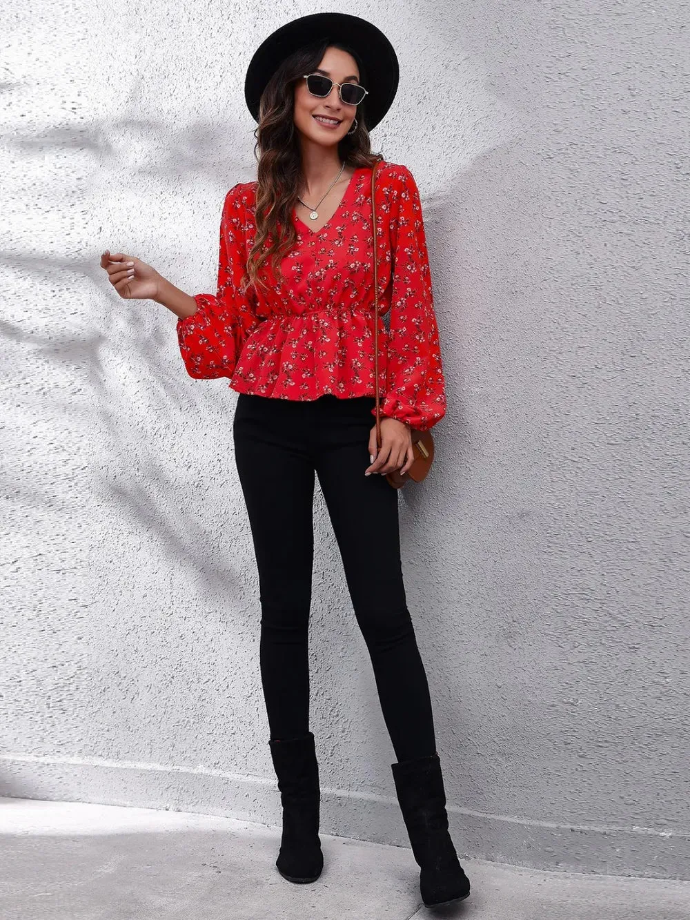 Floral V-Neck Balloon Sleeve Peplum Blouse sold by Gigi Laurent product image thumbnail 5