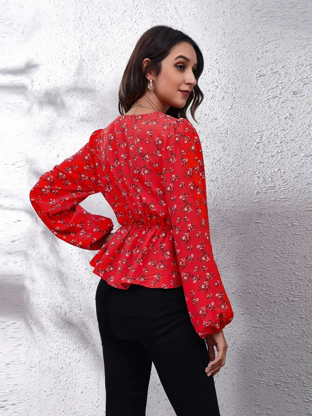 Floral V-Neck Balloon Sleeve Peplum Blouse sold by Gigi Laurent product image thumbnail 2