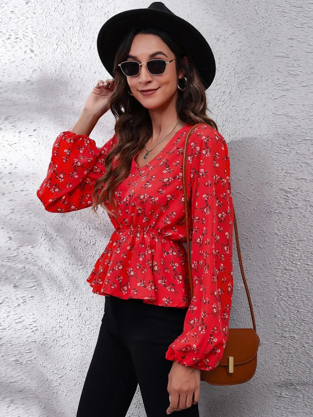 Floral V-Neck Balloon Sleeve Peplum Blouse sold by Gigi Laurent product image thumbnail 4