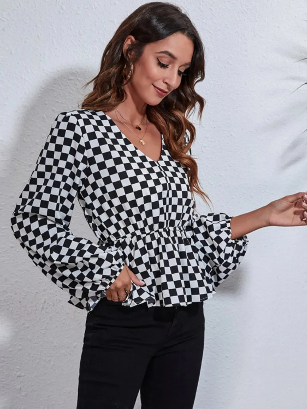 Checkered V-Neck Balloon Sleeve Peplum Blouse sold by Gigi Laurent product image thumbnail 4