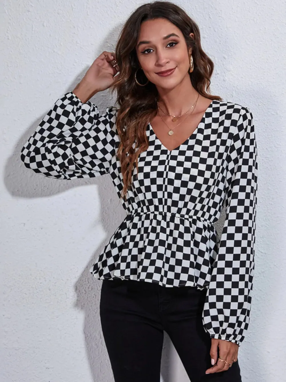 Checkered V-Neck Balloon Sleeve Peplum Blouse sold by Gigi Laurent product image thumbnail 3