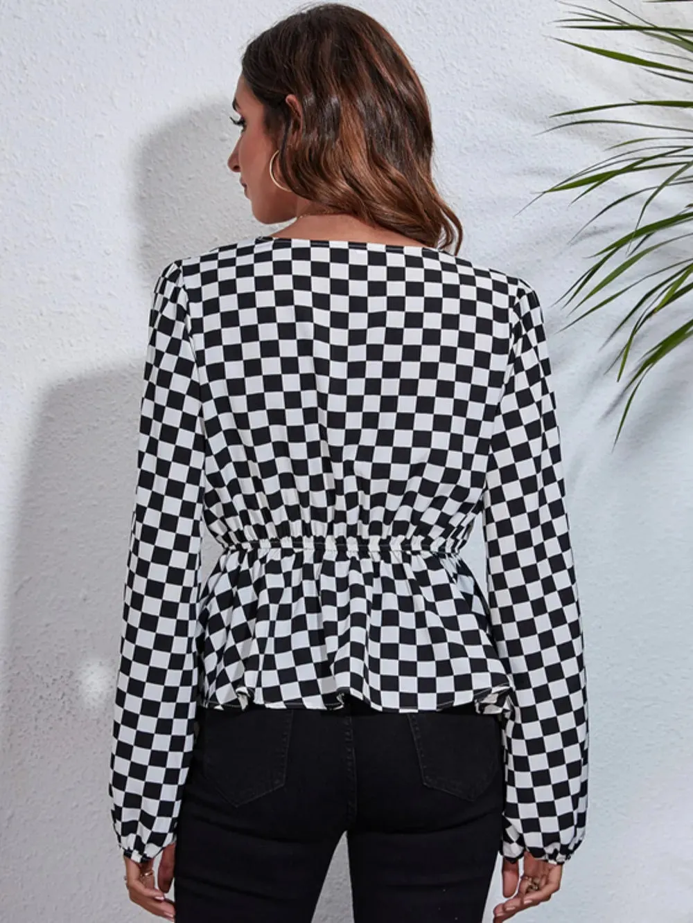 Checkered V-Neck Balloon Sleeve Peplum Blouse sold by Gigi Laurent product image thumbnail 2