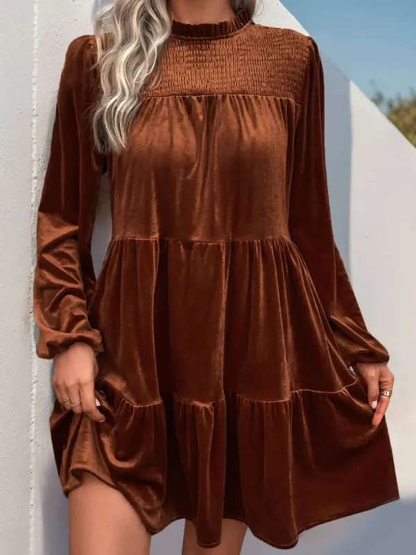 Perfee Tiered Ruched Mock Neck Long Sleeve Dress sold by Gigi Laurent