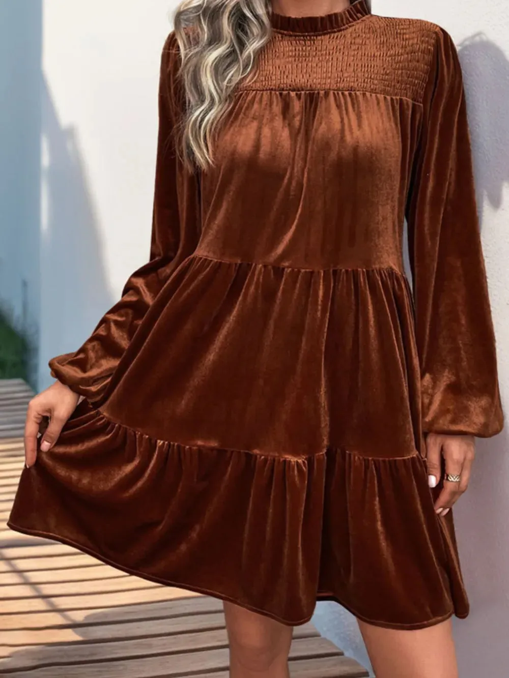 Perfee Tiered Ruched Mock Neck Long Sleeve Dress sold by Gigi Laurent product image thumbnail 4