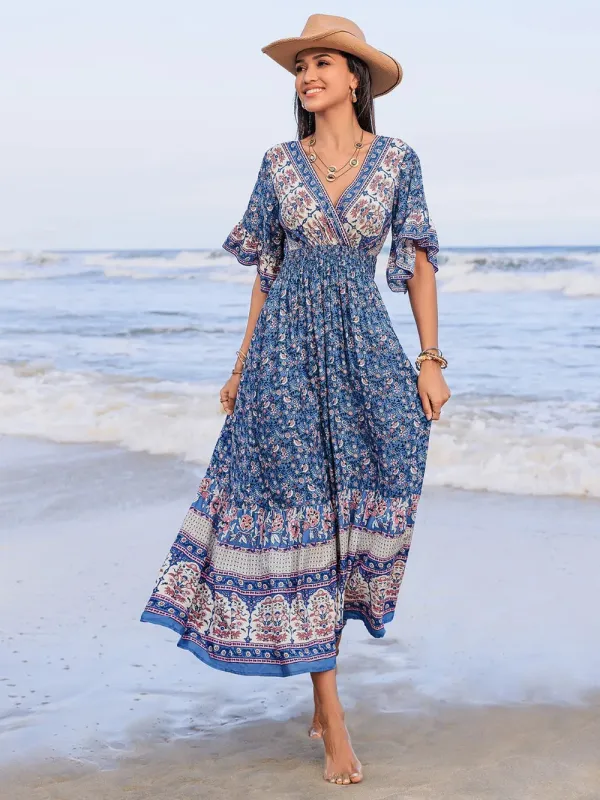 Ruched Printed Flounce Sleeve Midi Dress sold by Gigi Laurent