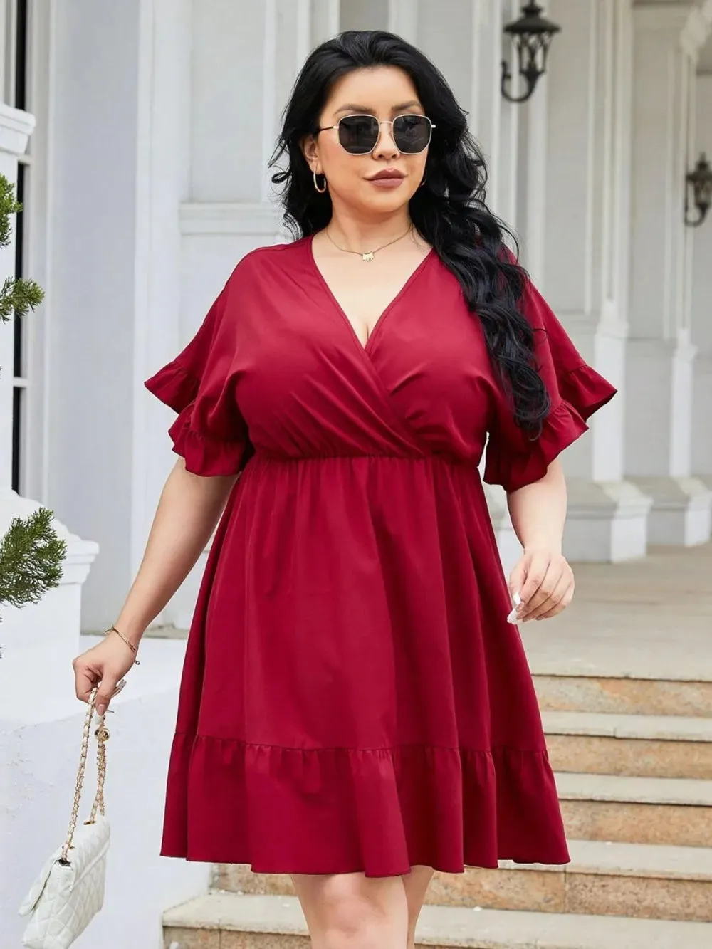 Plus Size Ruched Surplice Flounce Sleeve Mini Dress sold by Gigi Laurent