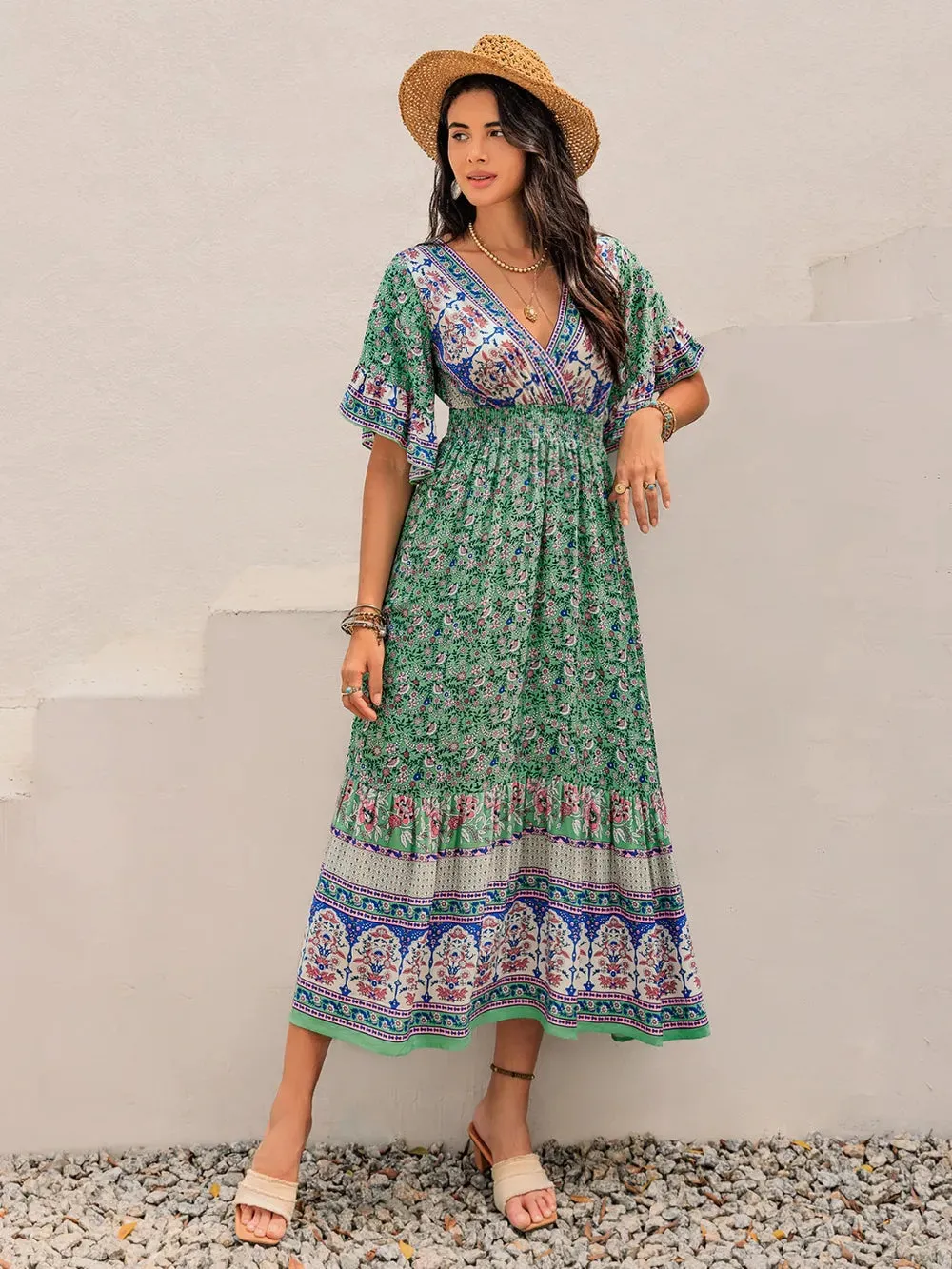 Ruched Printed Flounce Sleeve Midi Dress sold by Gigi Laurent product image thumbnail 4