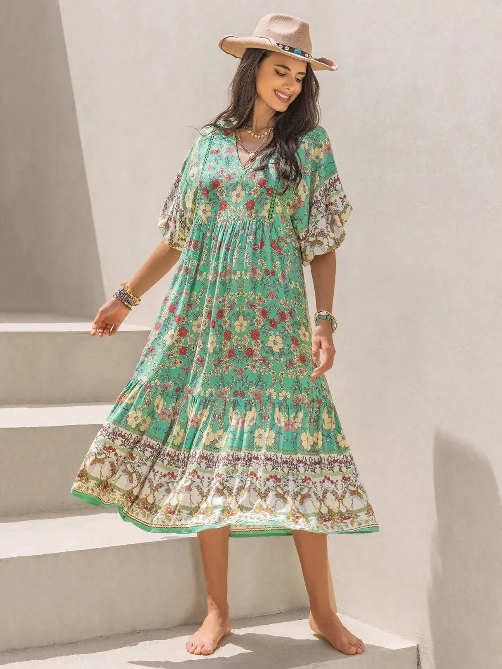 Ruched Printed Puff Sleeve Midi Dress sold by Gigi Laurent product image thumbnail 4