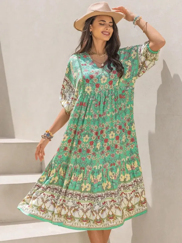 Ruched Printed Puff Sleeve Midi Dress sold by Gigi Laurent