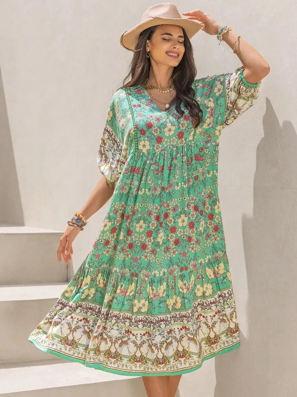 Ruched Printed Puff Sleeve Midi Dress sold by Gigi Laurent