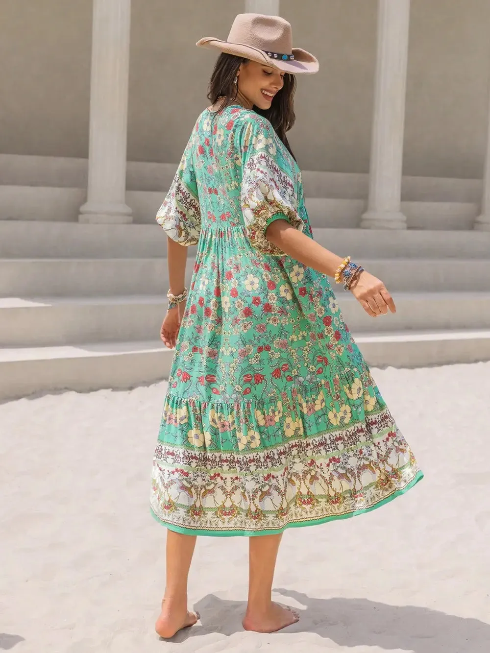 Ruched Printed Puff Sleeve Midi Dress sold by Gigi Laurent product image thumbnail 2