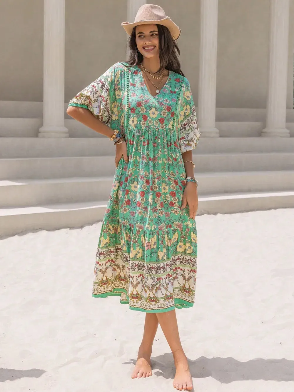 Ruched Printed Puff Sleeve Midi Dress sold by Gigi Laurent product image thumbnail 5