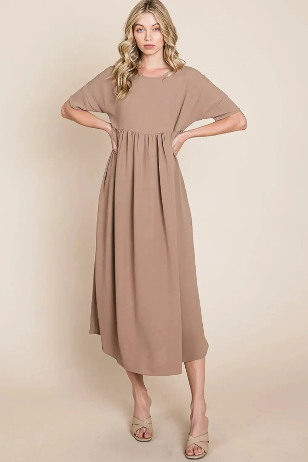 BOMBOM Round Neck Ruched Midi Dress sold by Gigi Laurent